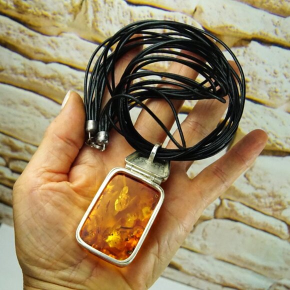 Modernist Faceted Amber and 925 Silver Huge Pendant With Black Leather Cord 17" - Picture 9 of 16